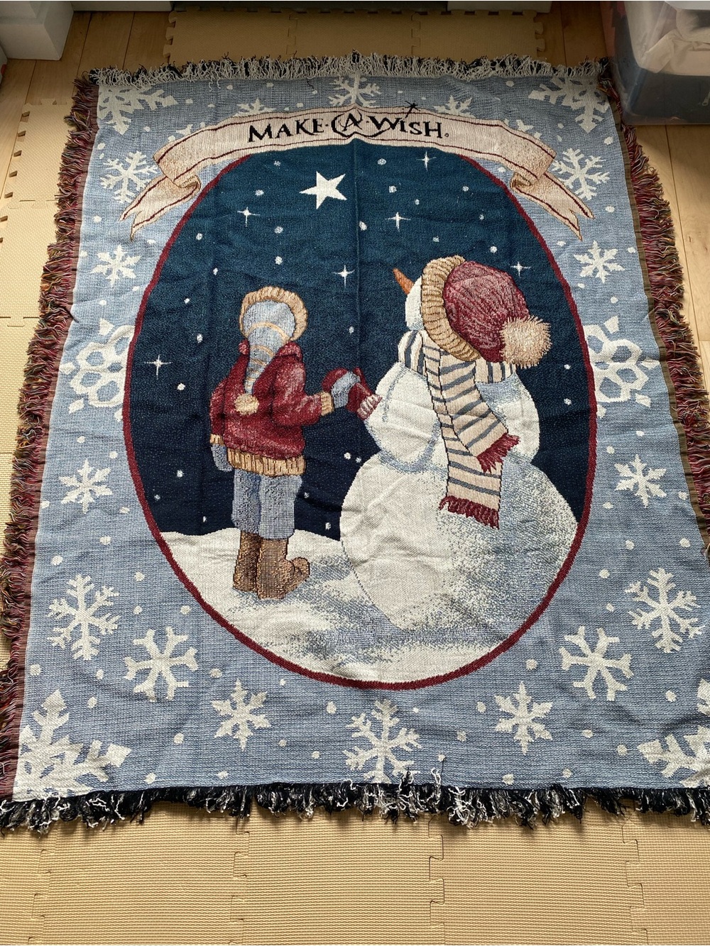 Vintage Throw Blanket - Blue Snowman & Child Design
